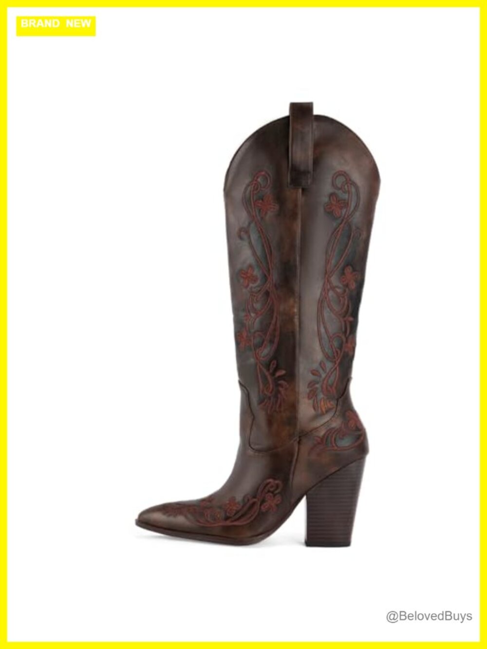 Knee High Western Cowboy Boots Faux Leather Floral Embroidery Chunky Heel